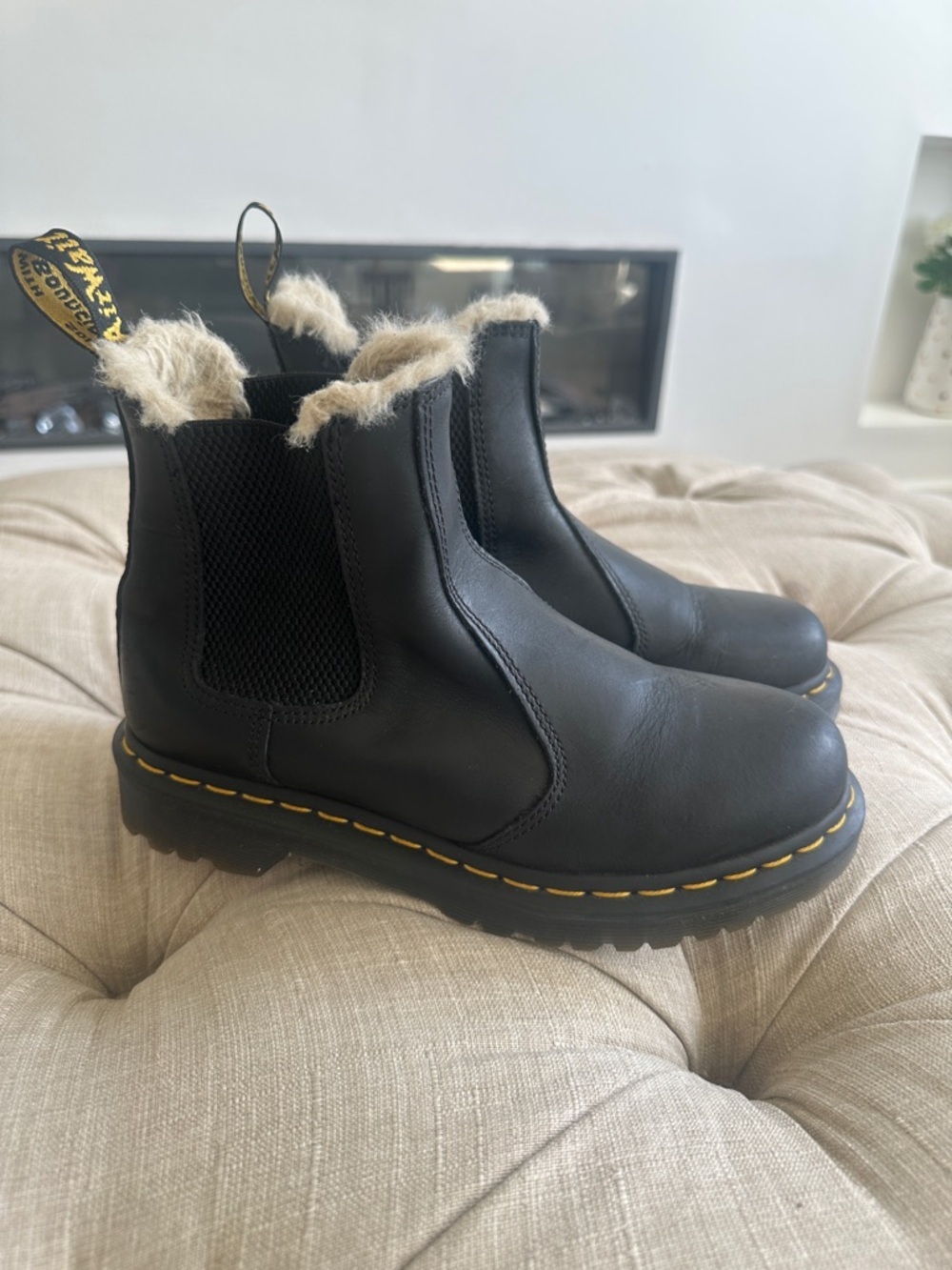 Dr. Martens Black Leather Chelsea Boots with Yellow Stitching and Shearling Trim